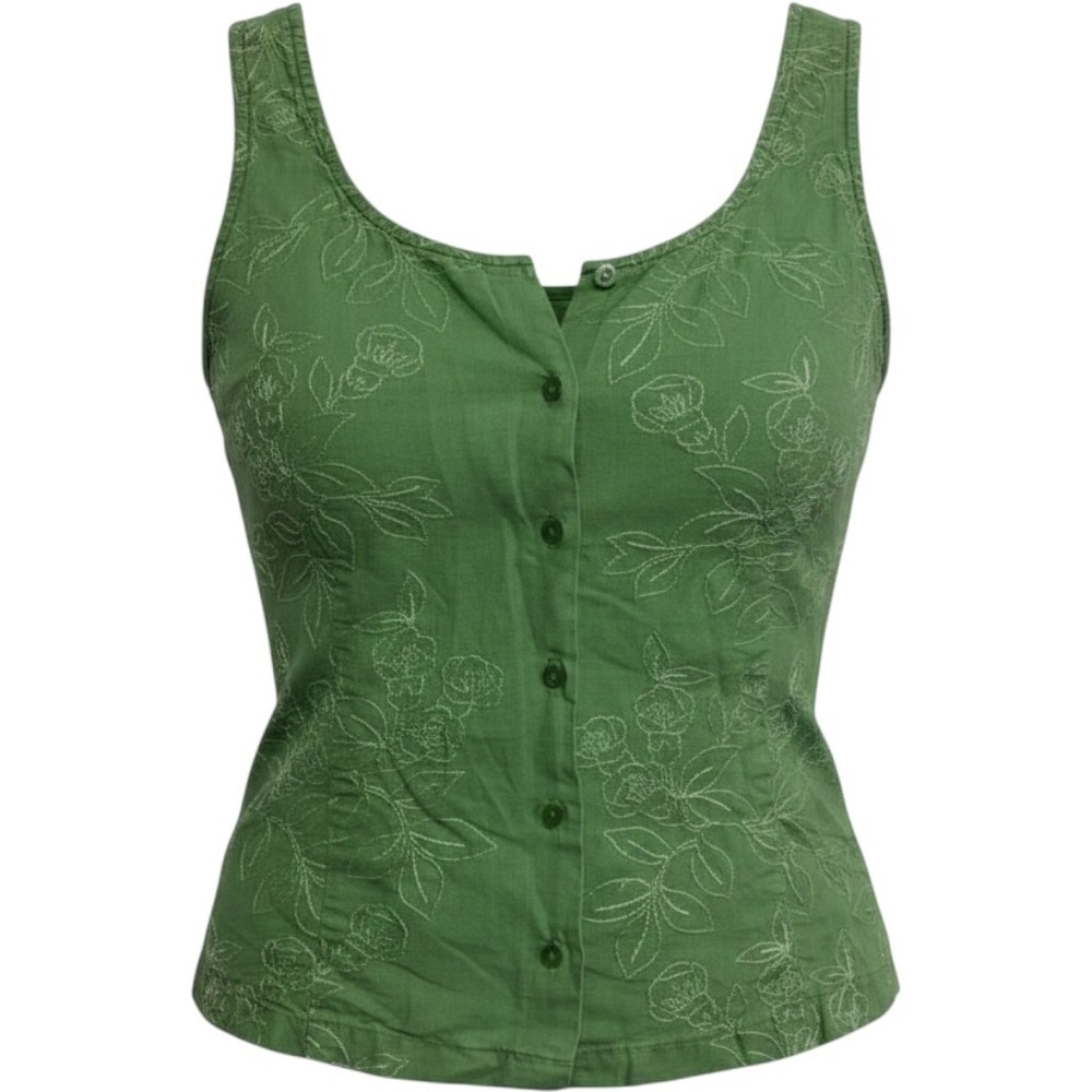 Eddie Bauer Green Linen Blend Floral Embroidered Button Front Tank Top Small